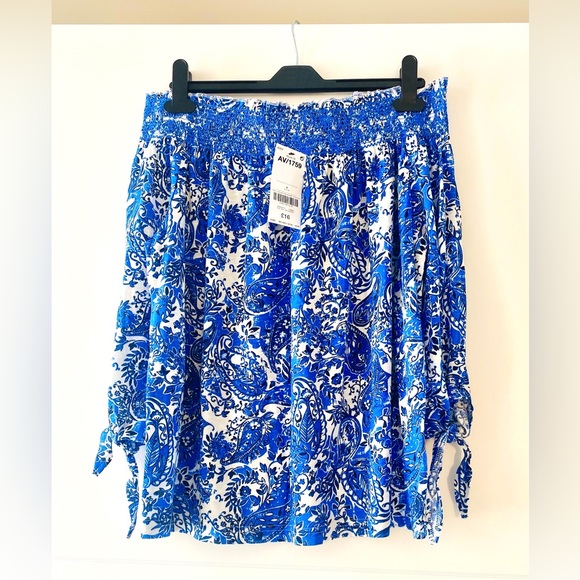 Next Blue White Mix Stretch Paisley Print Bardot Top Blouse Size 6 - Picture 3 of 7